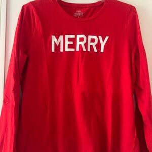 J. Crew Red Long Sleeve Tee with White 'Merry' Print